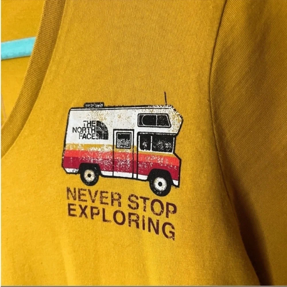 The North Face Mustard Yellow Never Stop Exploring RV  V-neck Tee Large - Picture 2 of 6